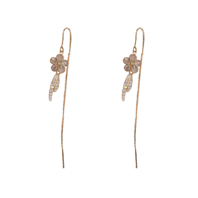 925 needle cubic zircon petal threader earrings