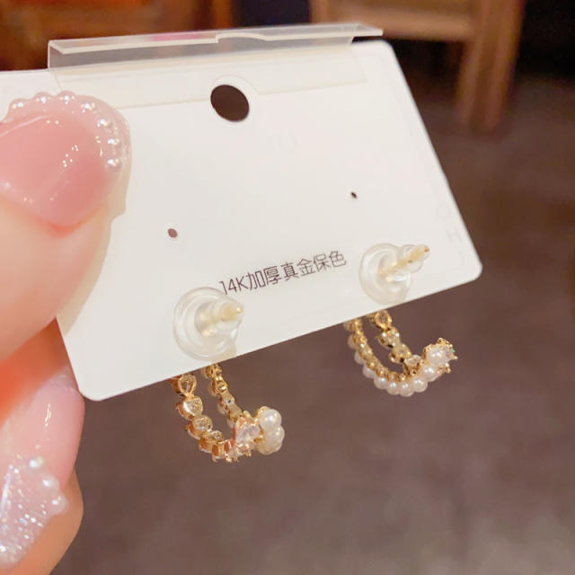925 needle elegant pearl cubic zircon open hoop earrings