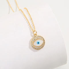 Fashionable cubic zircon evil eye round pendant real gold plated necklace