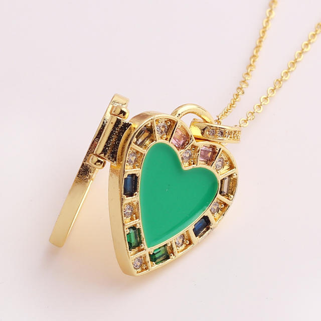 Green color enamel heart real gold plated locket necklace