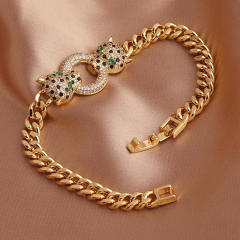 Luxury pave setting rhinestone leopard head chain bracelet
