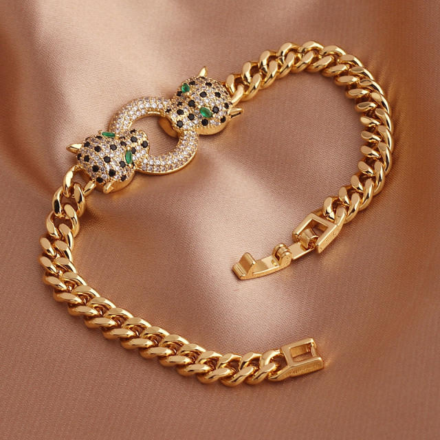 Luxury pave setting rhinestone leopard head chain bracelet