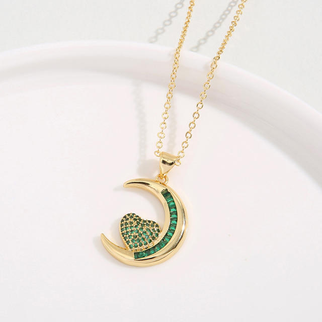 Emerald cubic zircon setting moon heart real gold plated necklace