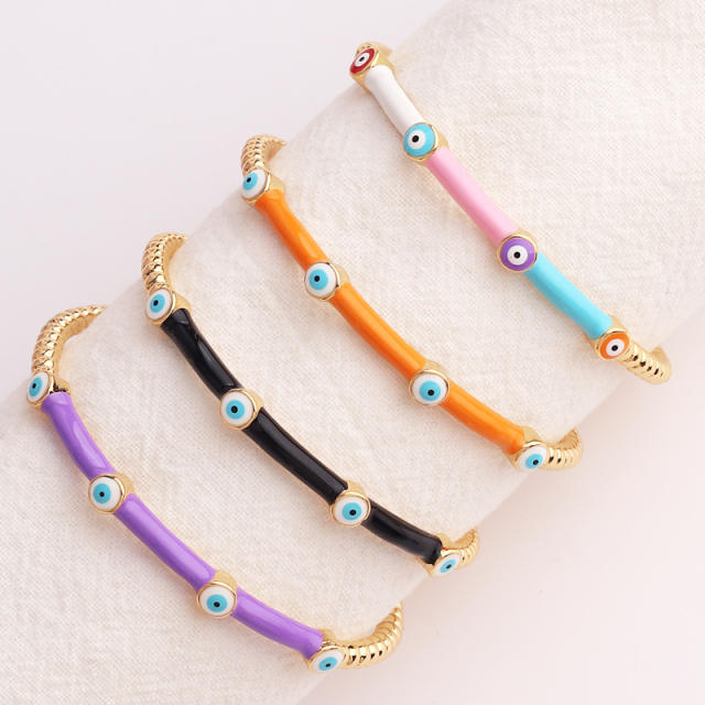 Summer design color enamel evil eye bamboo real gold plated bangle