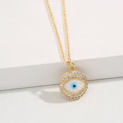 Fashionable cubic zircon evil eye round pendant real gold plated necklace