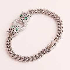Luxury pave setting rhinestone leopard head chain bracelet
