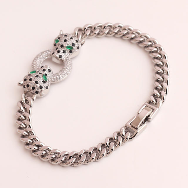 Luxury pave setting rhinestone leopard head chain bracelet