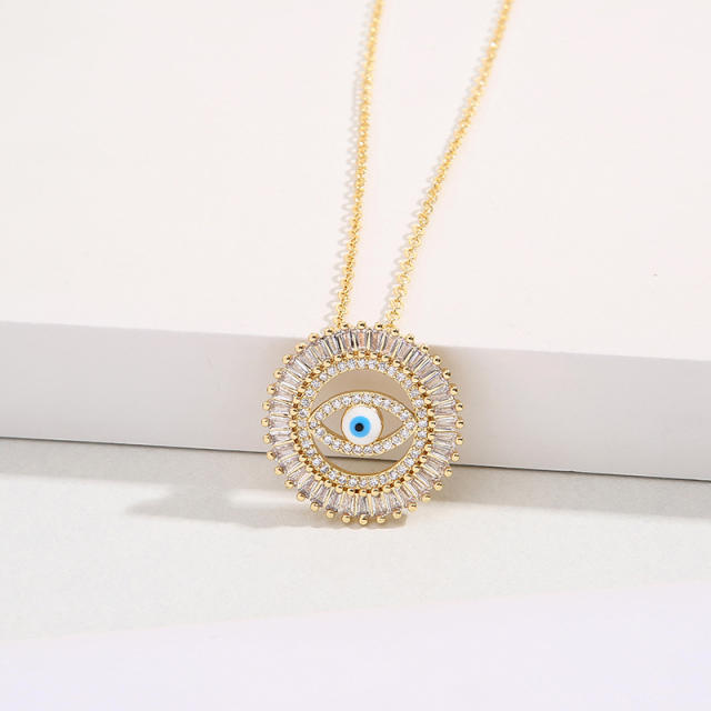 Fashionable cubic zircon evil eye round pendant real gold plated necklace