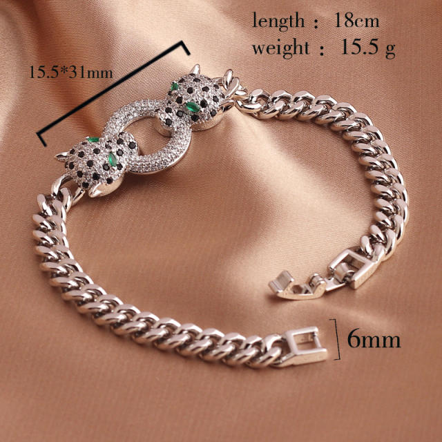 Luxury pave setting rhinestone leopard head chain bracelet