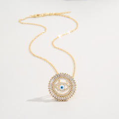 Fashionable cubic zircon evil eye round pendant real gold plated necklace