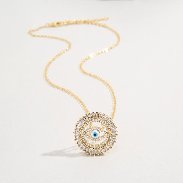 Fashionable cubic zircon evil eye round pendant real gold plated necklace