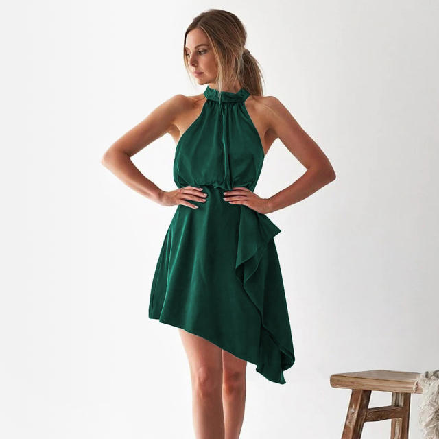 Elegant satin plain color high neck midi dress