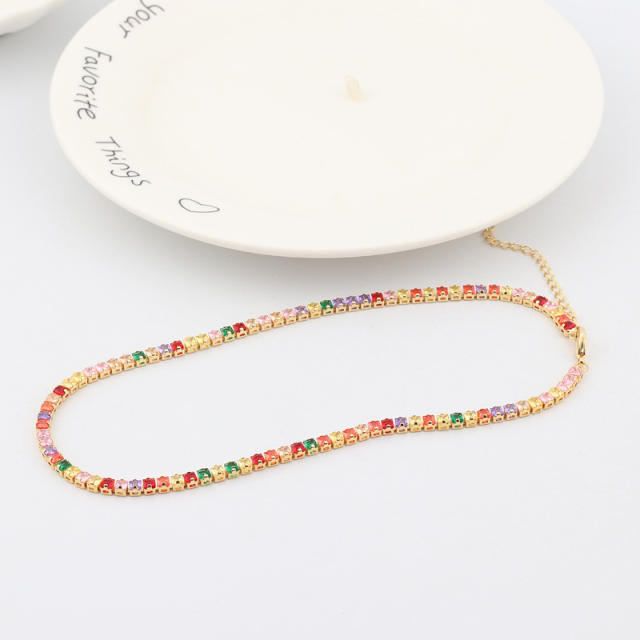 Popular rainbow cubic zircon real gold plated choker necklace
