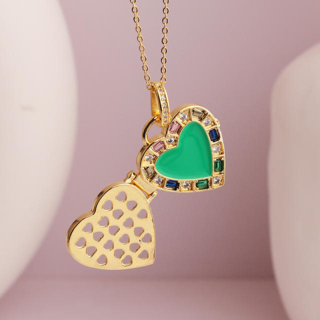 Green color enamel heart real gold plated locket necklace