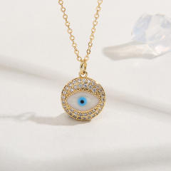 Fashionable cubic zircon evil eye round pendant real gold plated necklace