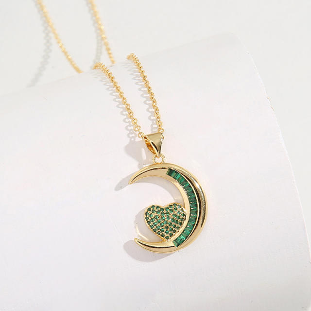 Emerald cubic zircon setting moon heart real gold plated necklace