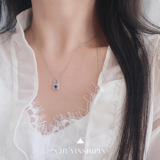 925 sterling silver heart cubic zircon padlock pendant necklace