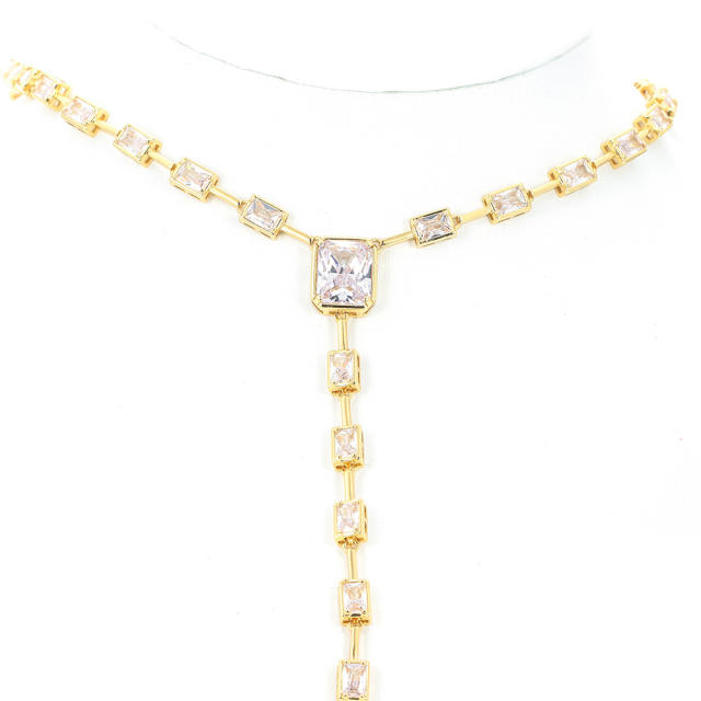 Hiphop square cubic zircon real gold plated copper lariet necklace