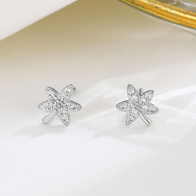 925 sterling silver diamond leaf studs earrings