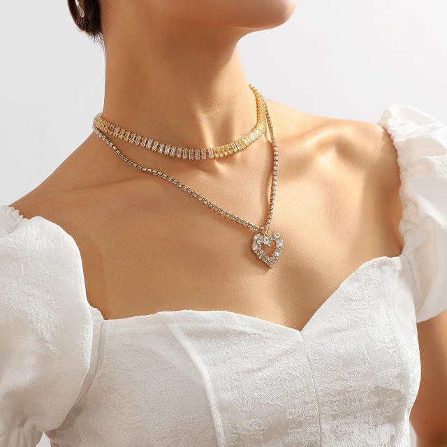 Occident fashion diamond hollow heart two layer necklace