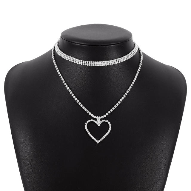 Sweet rhinestone hollow heart layer necklace