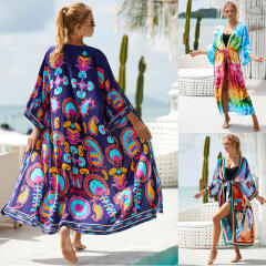 Occident fashion sexy color printing cardigan swimsuit cover up