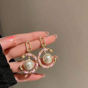 Personality pu leather weave pearl dangle earrings