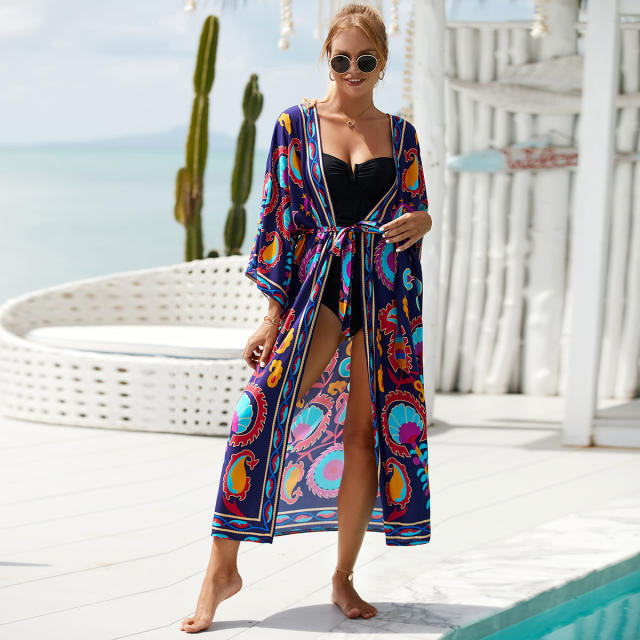 Occident fashion sexy color printing cardigan swimsuit cover up
