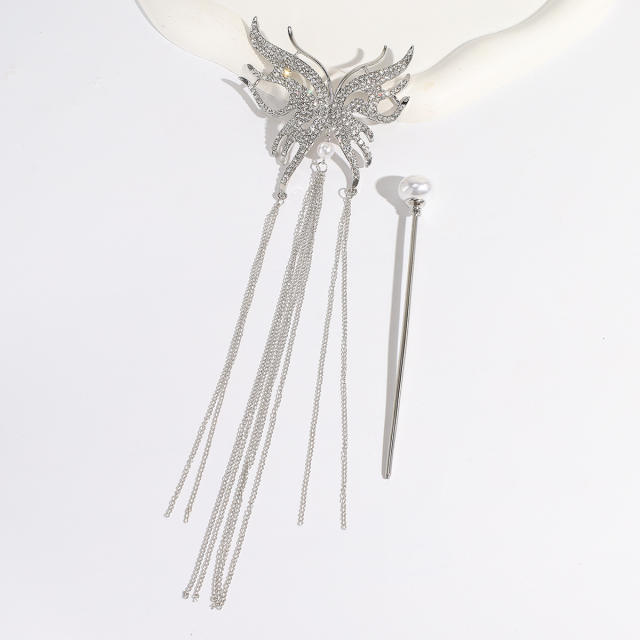 Chinese trend diamond butterfly long tassel hair holder with hair sticks