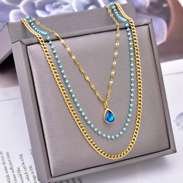 Occident fashion blue drop pendant stainless steel layer necklace