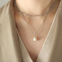 Waterpearl pendant two layer stainless steel necklace