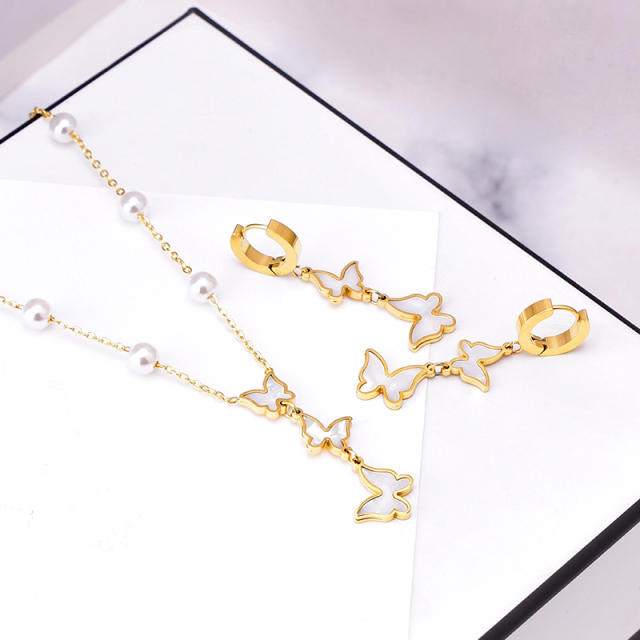 Korean fashion white shell butterfly stainless steel necklace earrings