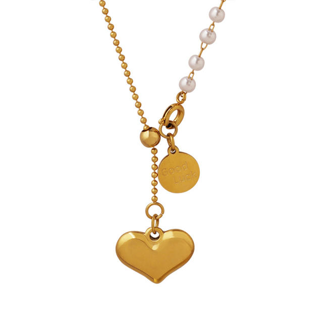 Faux pearl heart stainless steel necklace