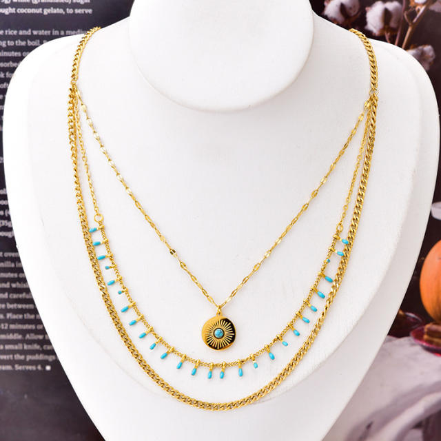 National trend blue color evil eye round piece pendant stainless steel necklace
