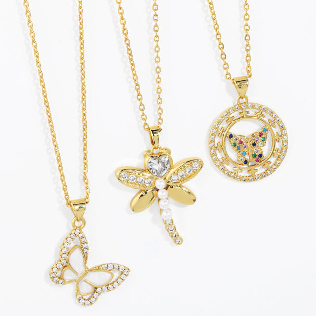 Concise cubic zircon butterfly round piece real gold plated necklace