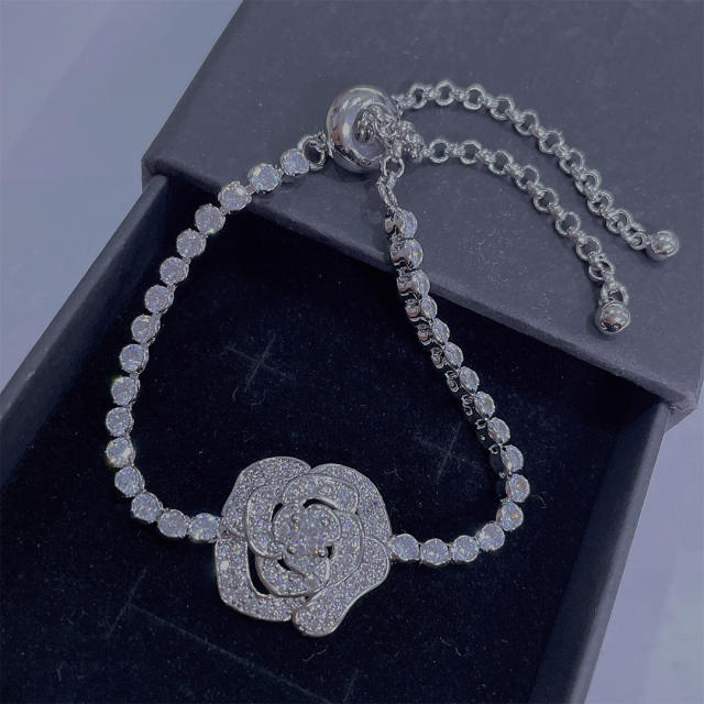 Luxury pave setting rhinestone rose camellia bracelet