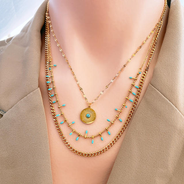 National trend blue color evil eye round piece pendant stainless steel necklace