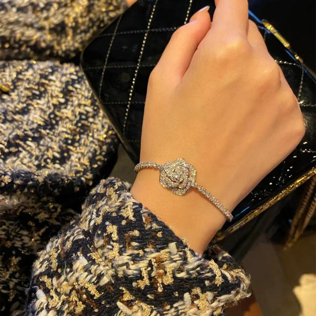 Luxury pave setting rhinestone rose camellia bracelet