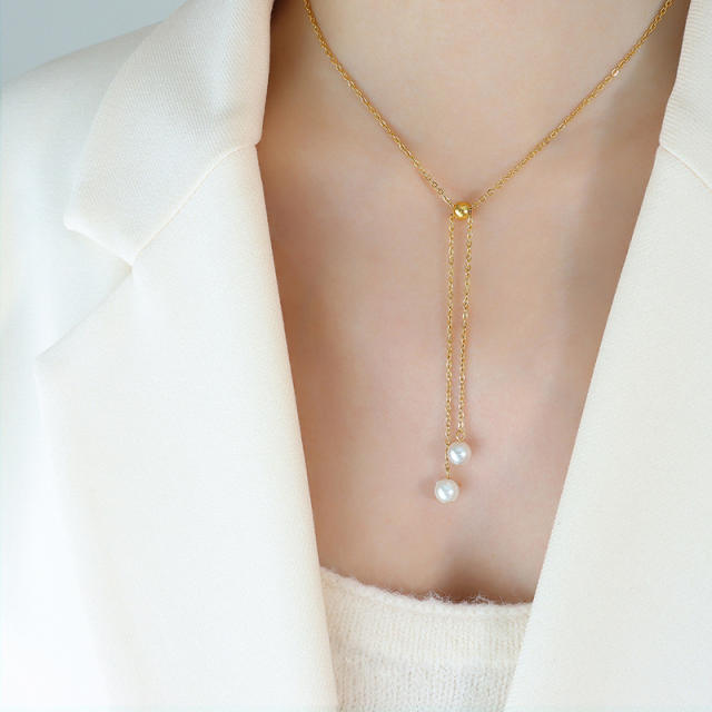 Dainty pearl bead stainless steel necklace bracelet