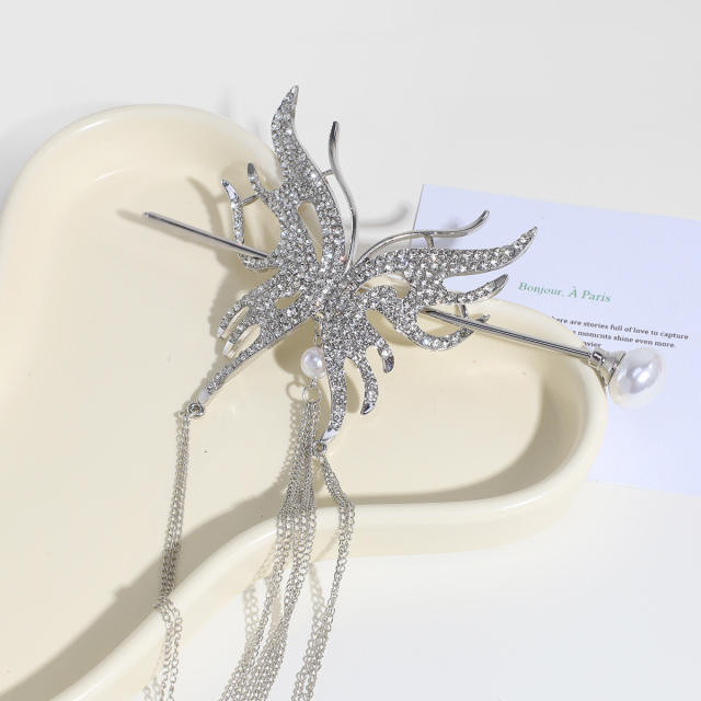 Chinese trend diamond butterfly long tassel hair holder with hair sticks
