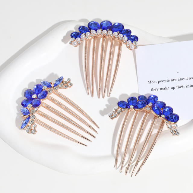 Blue color glass crystal statement hair combs