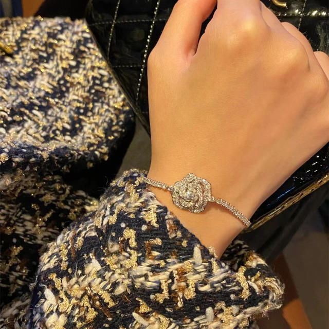 Luxury pave setting rhinestone rose camellia bracelet