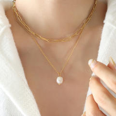 Waterpearl pendant two layer stainless steel necklace