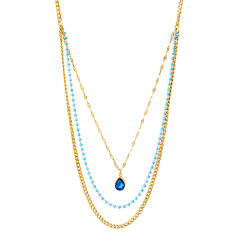 Occident fashion blue drop pendant stainless steel layer necklace