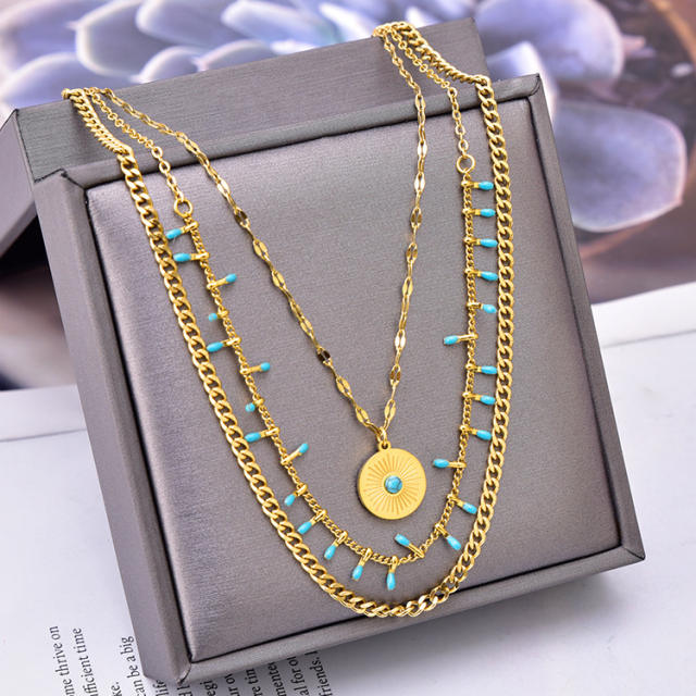 National trend blue color evil eye round piece pendant stainless steel necklace