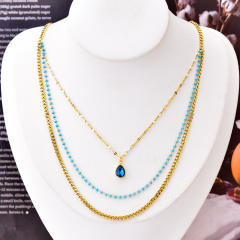 Occident fashion blue drop pendant stainless steel layer necklace