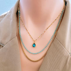 Occident fashion blue drop pendant stainless steel layer necklace