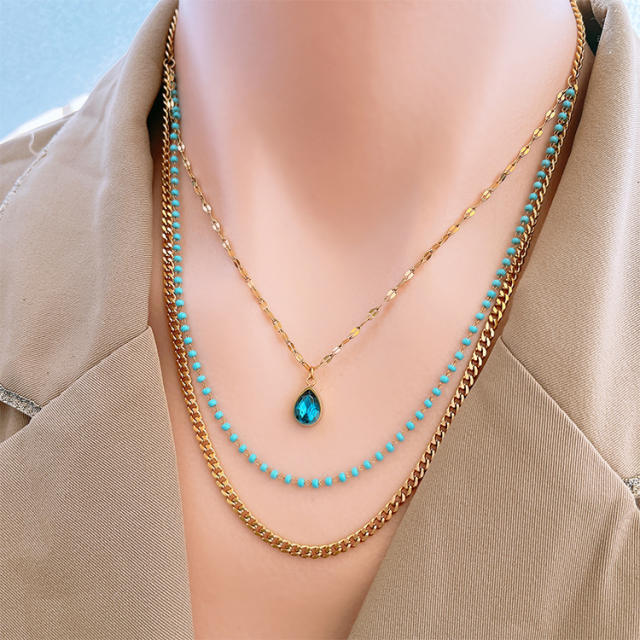 Occident fashion blue drop pendant stainless steel layer necklace