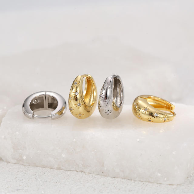 Cubic zircon setting chunky gold plated copper earrings