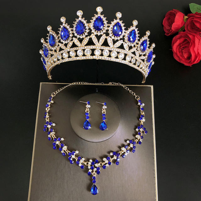 Luxury color glass crystal statement crown jewelry set